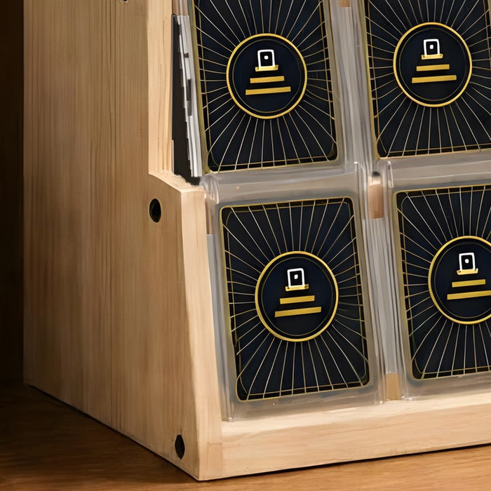 Close-up of the solid pine side frame of The Collector's Shelf