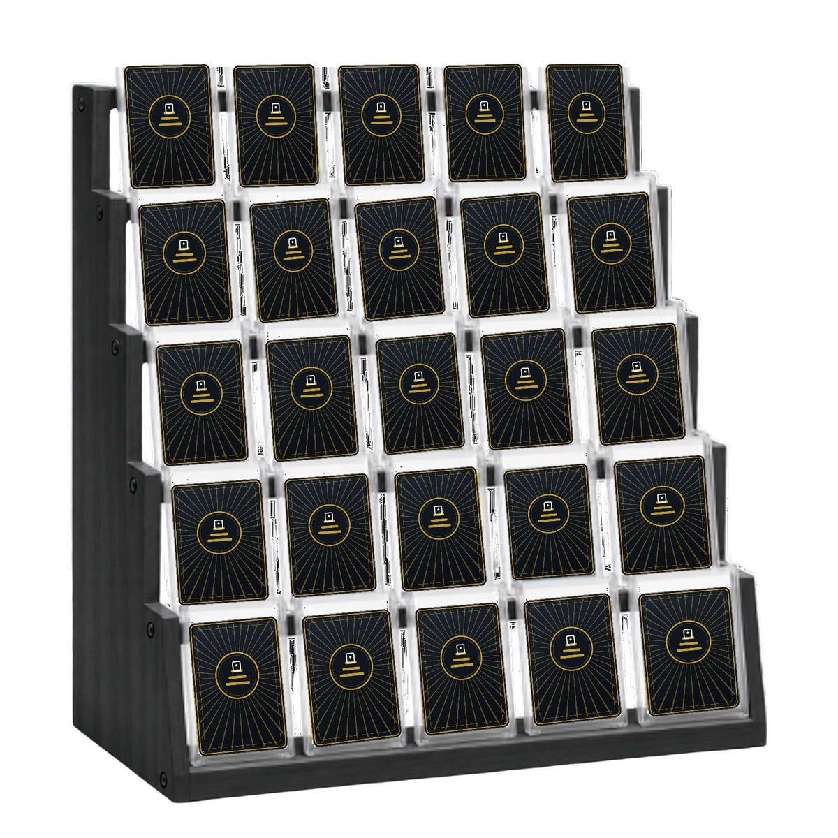 Graded card display stand in Black finish holding 25 graded card slabs