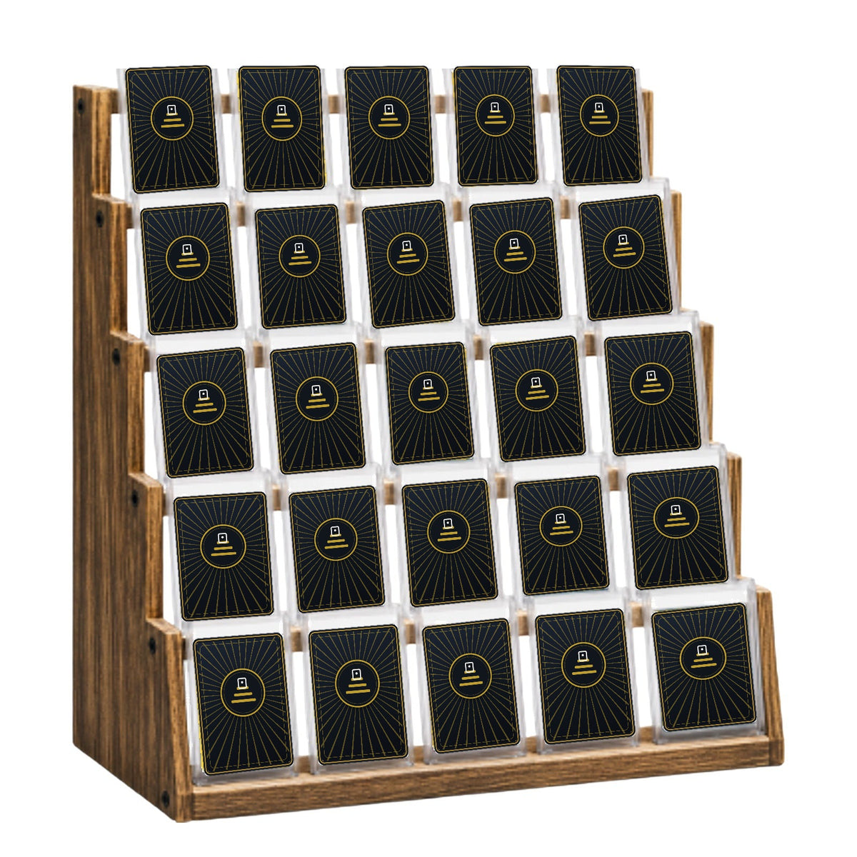 Graded card display stand in Charred Wood finish holding 25 graded card slabs