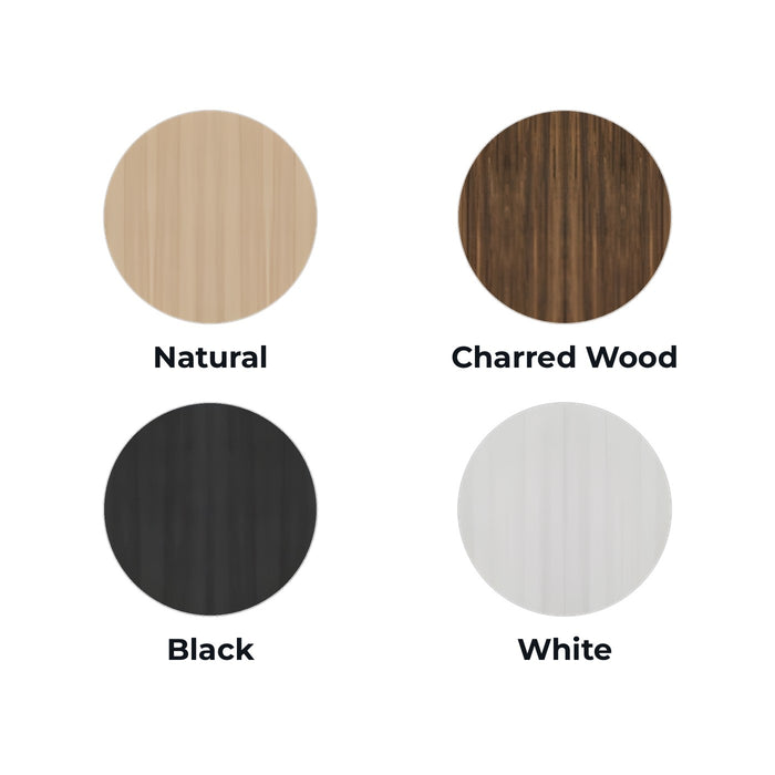 Wood swatches: Natural, Charred Wood, Black and White