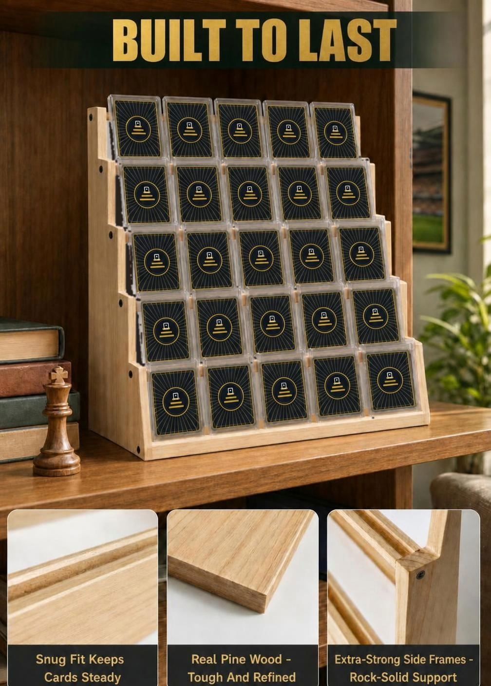 Solid pine card display stand on a bookshelf, with close-ups of the card slots, pine wood and side frames