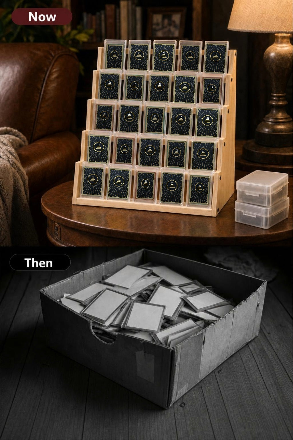 Before and after comparison: graded cards stored in a cluttered box versus displayed on The Collector's Shelf