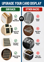 Comparison: The Collector's Shelf solid pine build versus typical plastic card stands and storage boxes