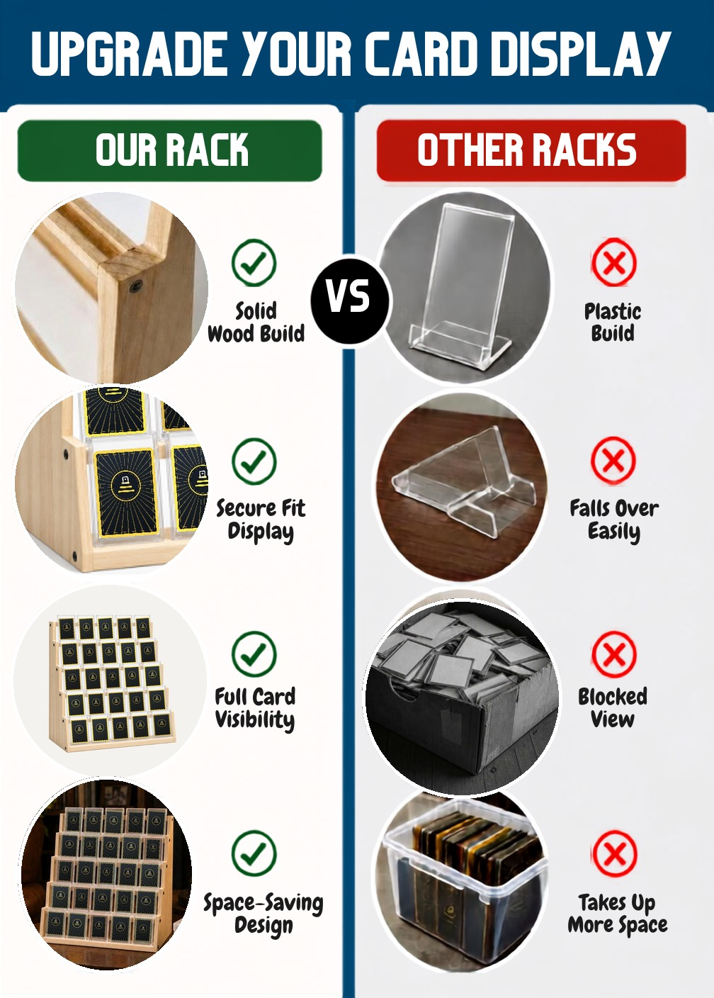 Comparison: The Collector's Shelf solid pine build versus typical plastic card stands and storage boxes