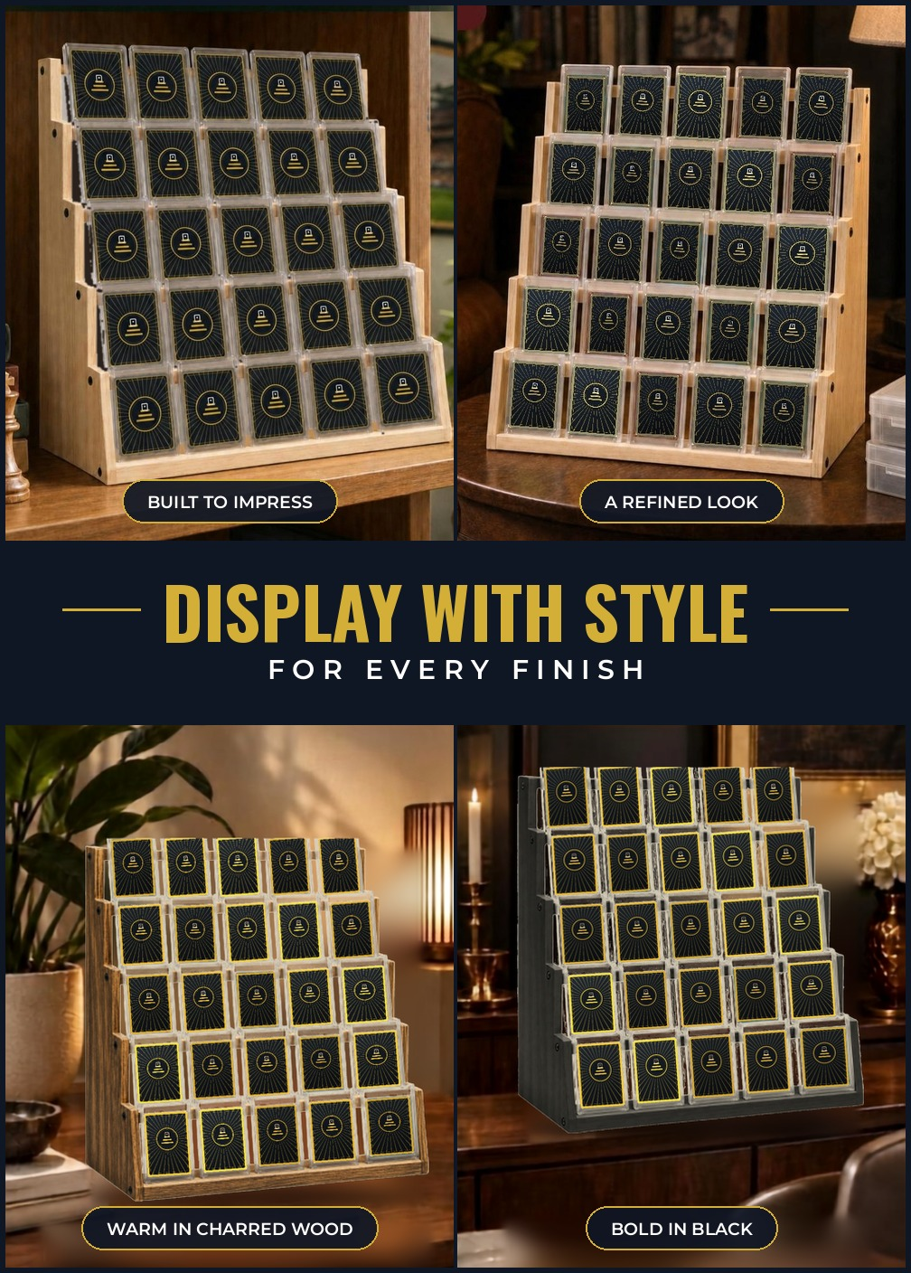 The Collector's Shelf graded card display in home settings, shown in Natural, Charred Wood and Black finishes