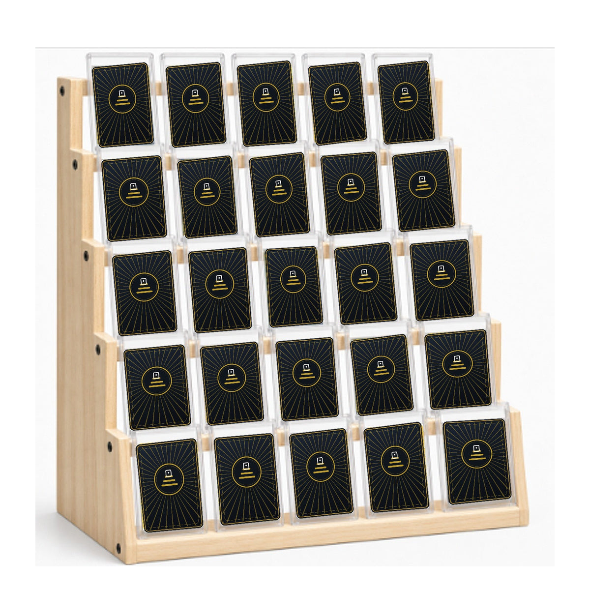Graded card display stand in Natural pine holding 25 graded card slabs in toploaders