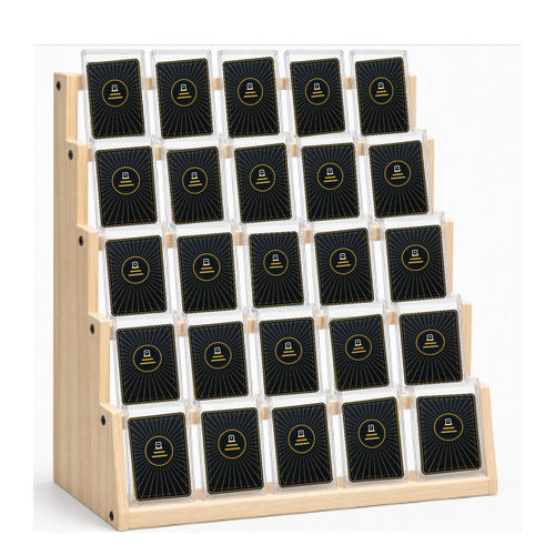 Graded card display stand in Natural pine holding 25 graded card slabs in toploaders