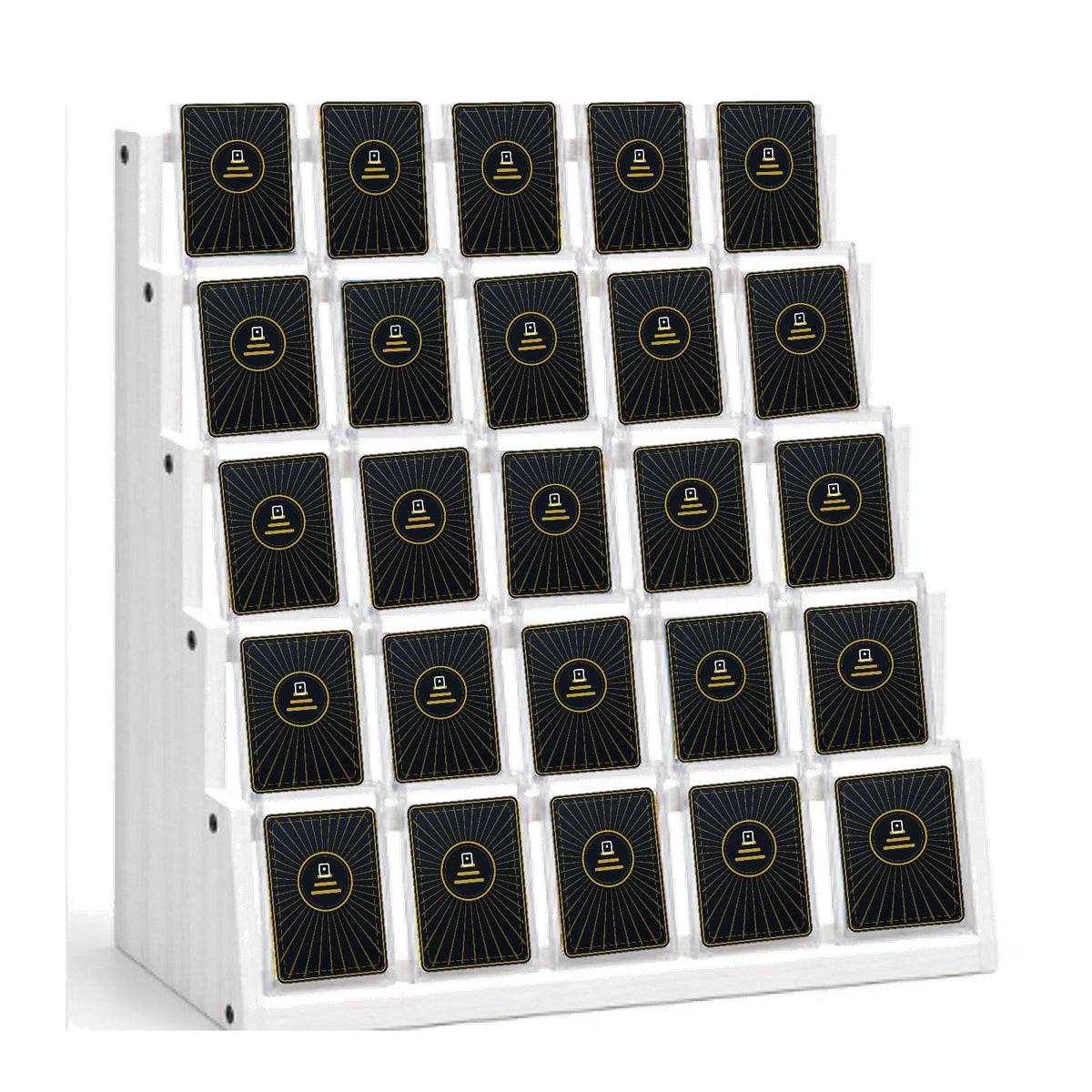 Graded card display stand in White finish holding 25 graded card slabs